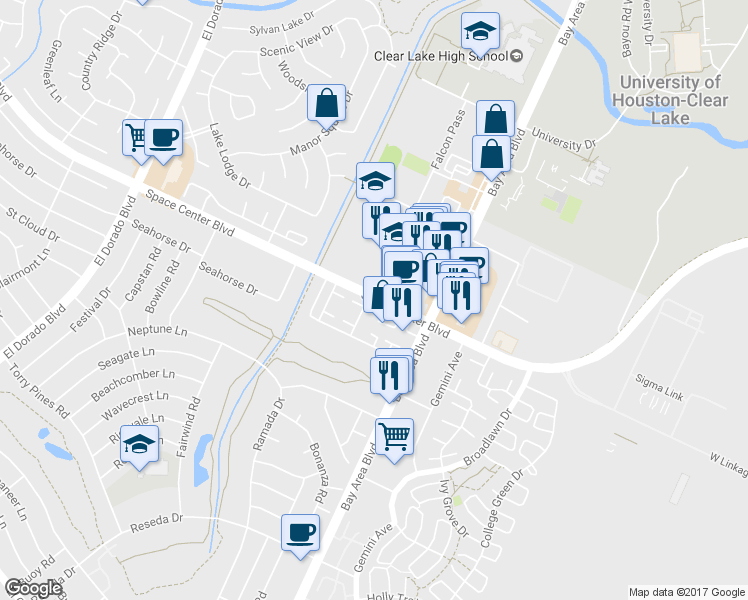 map of restaurants, bars, coffee shops, grocery stores, and more near 2305 Bay Area Boulevard in Houston