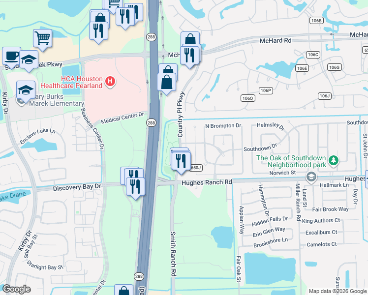 map of restaurants, bars, coffee shops, grocery stores, and more near 1106 Andover Drive in Pearland