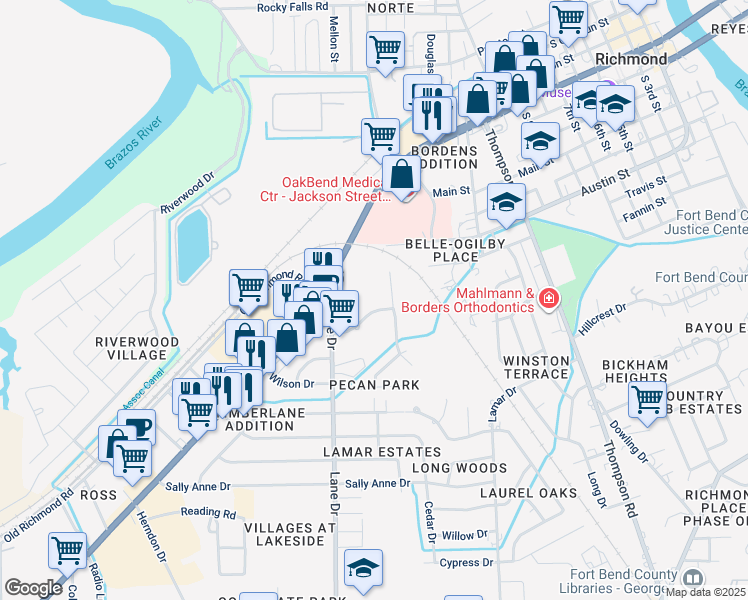 map of restaurants, bars, coffee shops, grocery stores, and more near 1216 Westwood Drive in Rosenberg