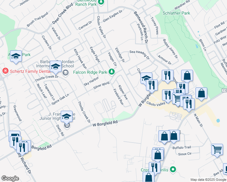 map of restaurants, bars, coffee shops, grocery stores, and more near 124 Firebird Run in Cibolo