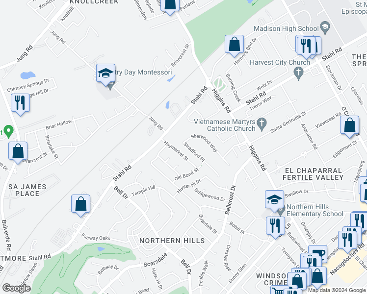 map of restaurants, bars, coffee shops, grocery stores, and more near 4414 Stradford Place in San Antonio
