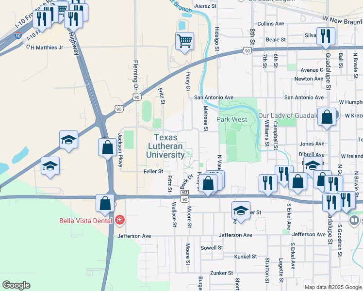 map of restaurants, bars, coffee shops, grocery stores, and more near 1000 West Court Street in Seguin