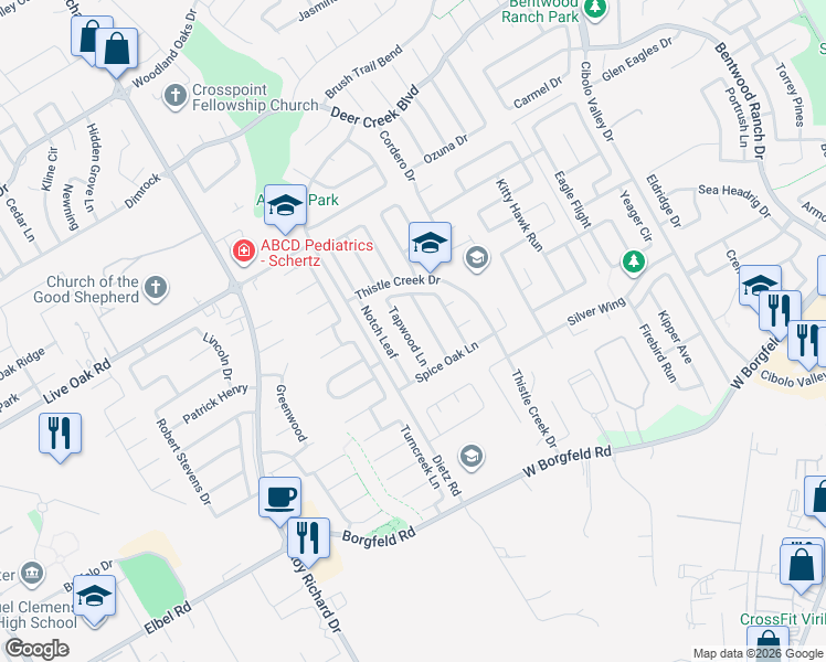 map of restaurants, bars, coffee shops, grocery stores, and more near 197 Tapwood Lane in Cibolo