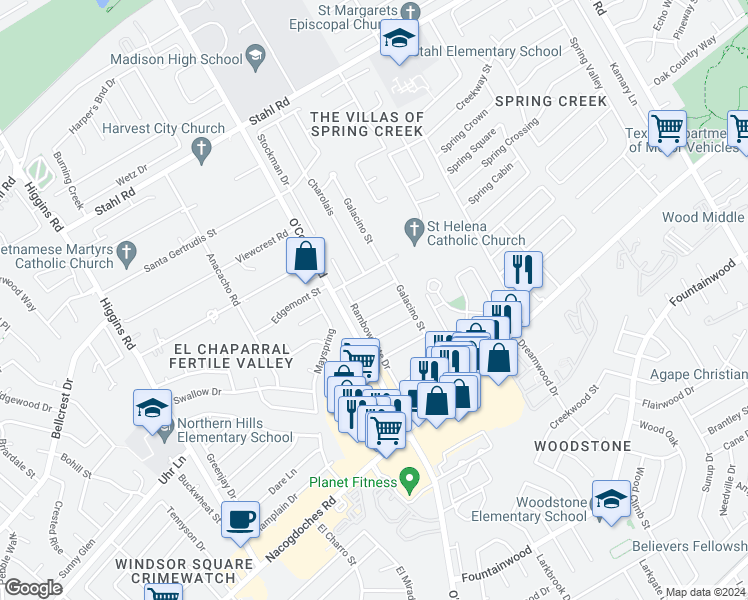 map of restaurants, bars, coffee shops, grocery stores, and more near 14514 Angora Street in San Antonio