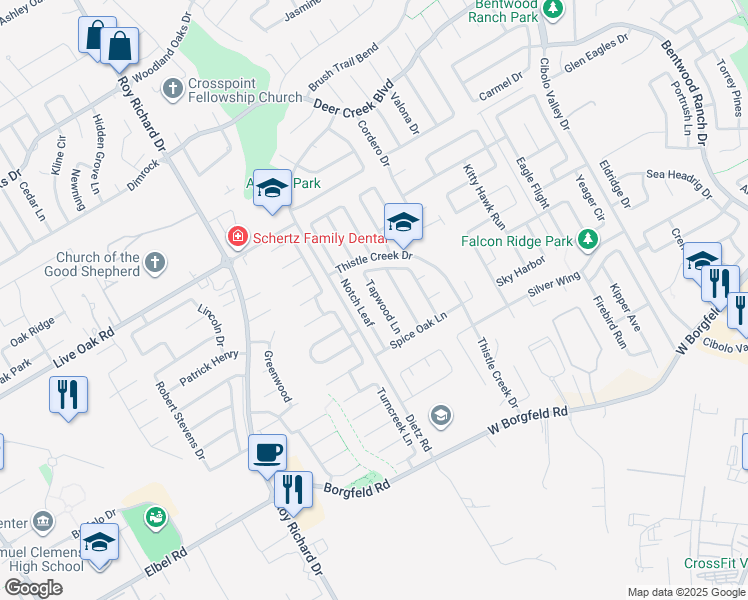 map of restaurants, bars, coffee shops, grocery stores, and more near 242 Tapwood Lane in Cibolo