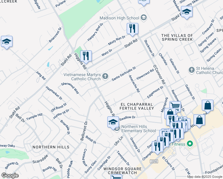 map of restaurants, bars, coffee shops, grocery stores, and more near 14538 Santa Gertrudis Street in San Antonio