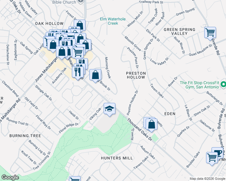 map of restaurants, bars, coffee shops, grocery stores, and more near 3246 Morning Creek in San Antonio