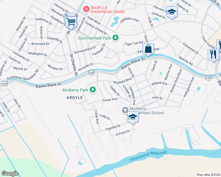 map of restaurants, bars, coffee shops, grocery stores, and more near 12 Dallas Drive in Houma