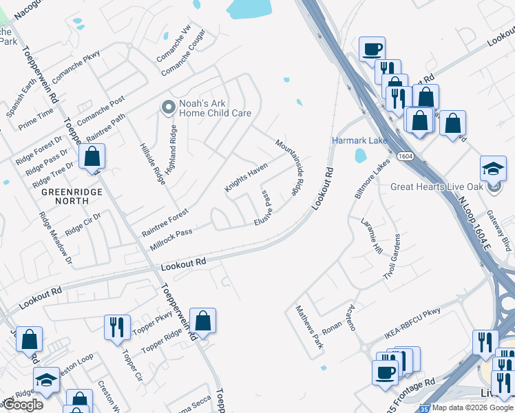 map of restaurants, bars, coffee shops, grocery stores, and more near 14414 Biltmore Glen in Live Oak