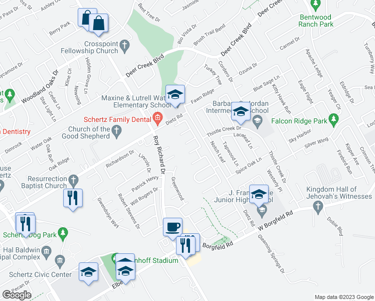map of restaurants, bars, coffee shops, grocery stores, and more near 1101 Morning Rose in Schertz