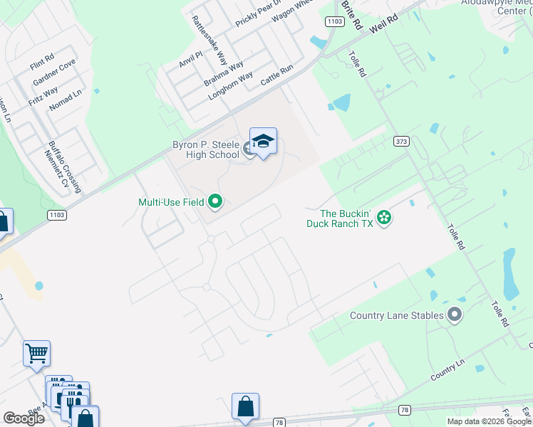 map of restaurants, bars, coffee shops, grocery stores, and more near 108 Welding Way in Cibolo