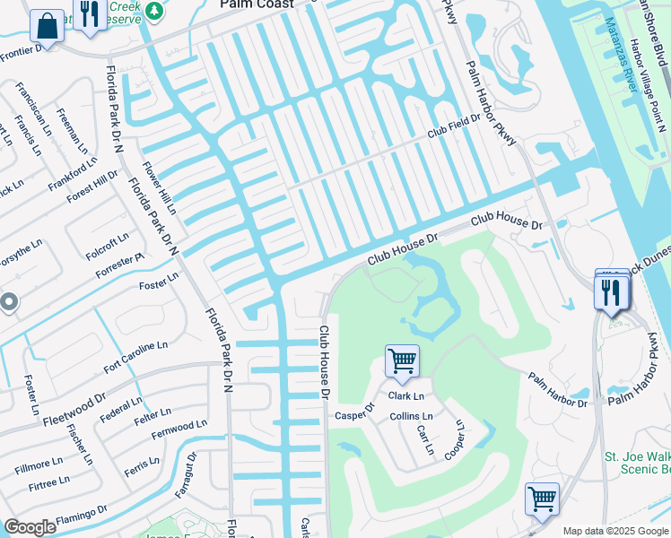 map of restaurants, bars, coffee shops, grocery stores, and more near 27 Clarendon Court South in Palm Coast