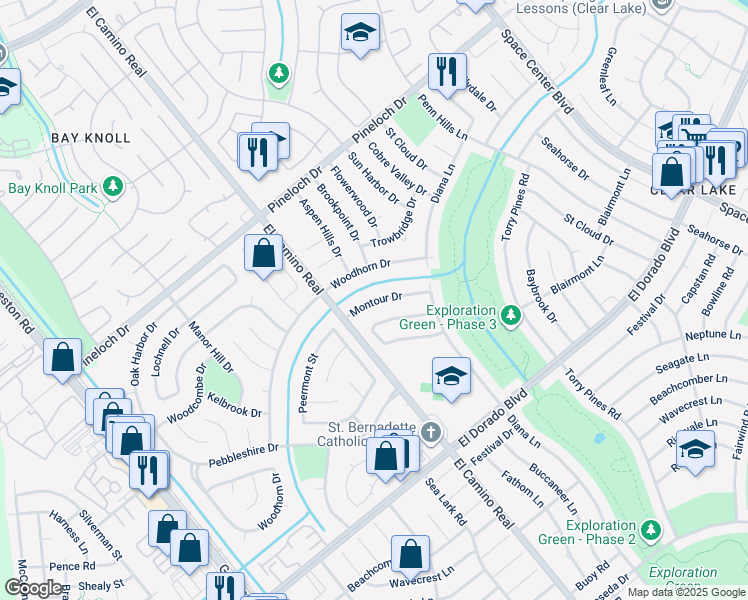 map of restaurants, bars, coffee shops, grocery stores, and more near 1030 Woodhorn Drive in Houston