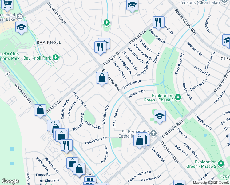 map of restaurants, bars, coffee shops, grocery stores, and more near 15023 Radstock Drive in Houston