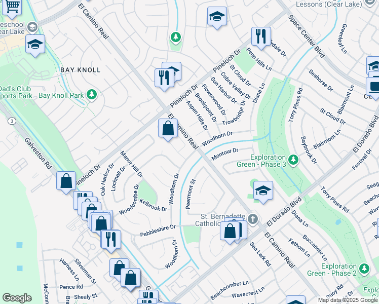 map of restaurants, bars, coffee shops, grocery stores, and more near 15023 Radstock Drive in Houston