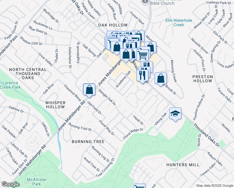map of restaurants, bars, coffee shops, grocery stores, and more near 2826 Bandbury Oak in San Antonio