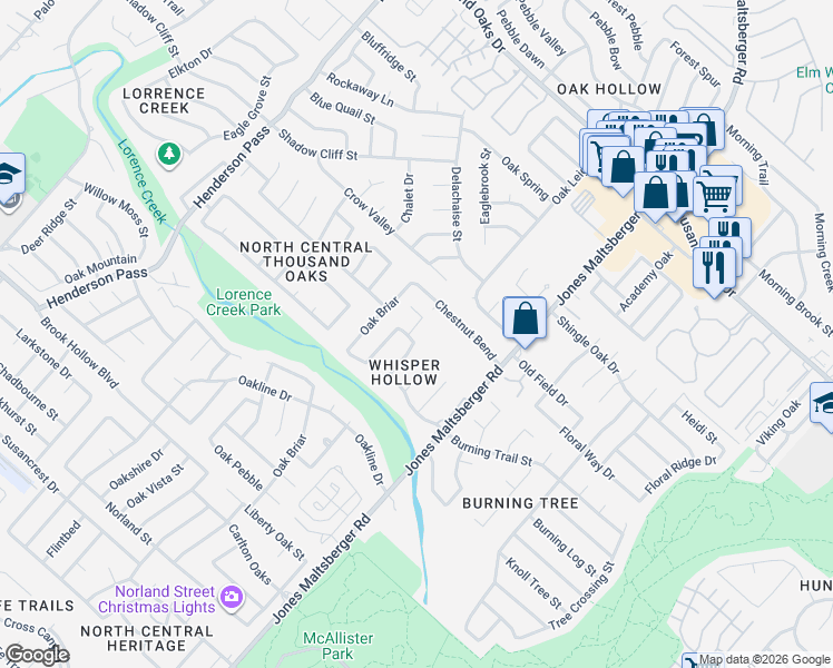 map of restaurants, bars, coffee shops, grocery stores, and more near 2515 Windchase in San Antonio
