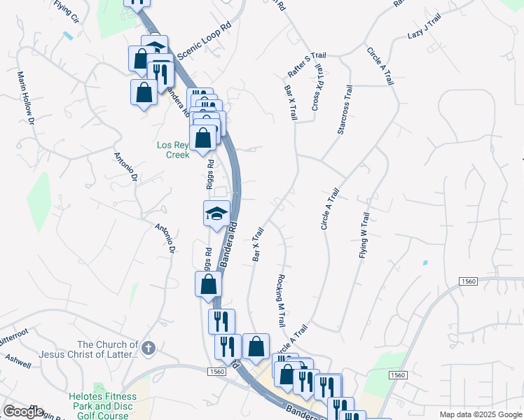 map of restaurants, bars, coffee shops, grocery stores, and more near 10810 Bar X Trail in Helotes