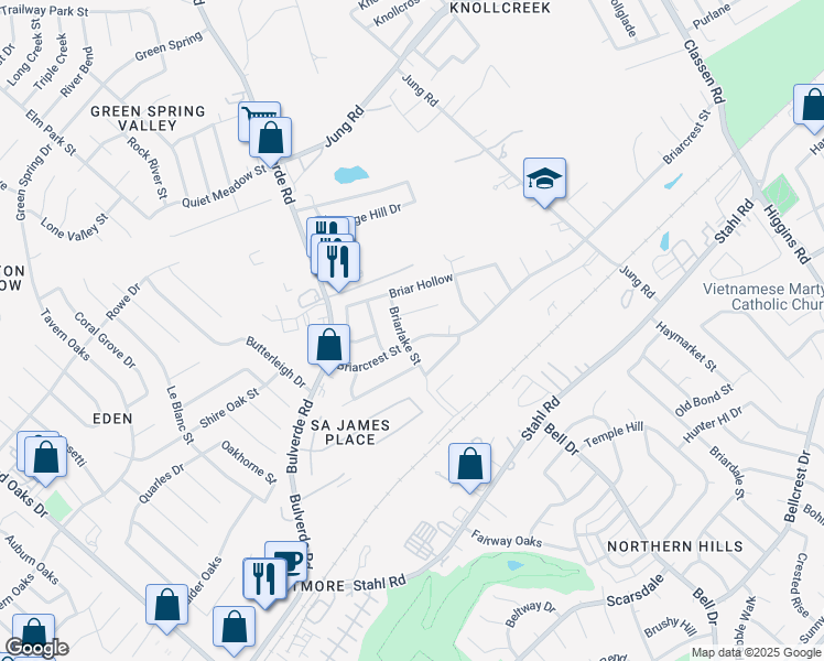 map of restaurants, bars, coffee shops, grocery stores, and more near 3910 Briarvista Street in San Antonio