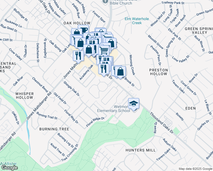 map of restaurants, bars, coffee shops, grocery stores, and more near 3110 Thousand Oaks Drive in San Antonio