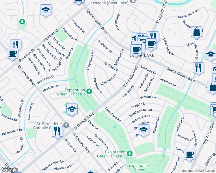 map of restaurants, bars, coffee shops, grocery stores, and more near 15502 Cobre Valley Drive in Houston