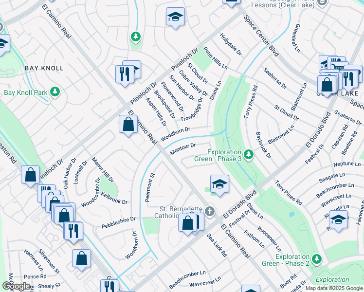 map of restaurants, bars, coffee shops, grocery stores, and more near 1030 Woodhorn Drive in Houston