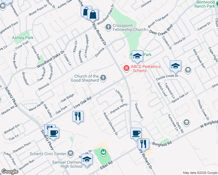 map of restaurants, bars, coffee shops, grocery stores, and more near 1236 East Live Oak Road in Schertz