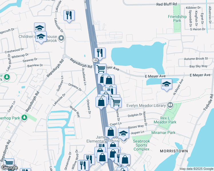 map of restaurants, bars, coffee shops, grocery stores, and more near 2433 Miramar Court in Seabrook