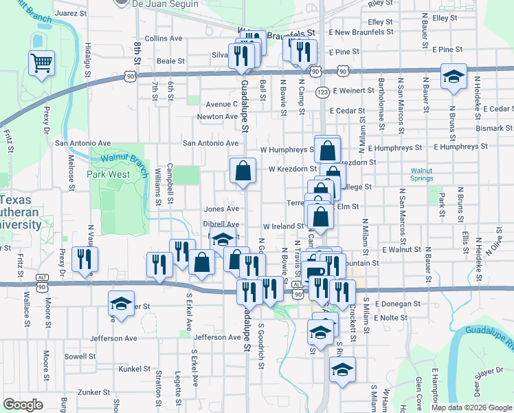map of restaurants, bars, coffee shops, grocery stores, and more near 617 North Guadalupe Street in Seguin