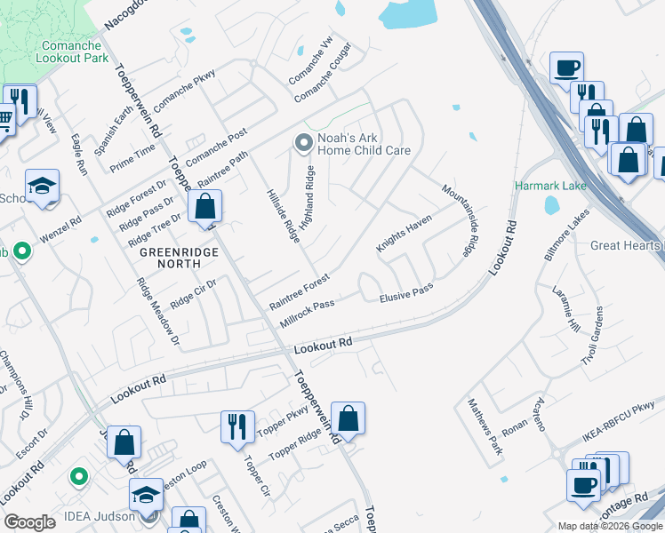 map of restaurants, bars, coffee shops, grocery stores, and more near 6831 Raintree Forest in San Antonio