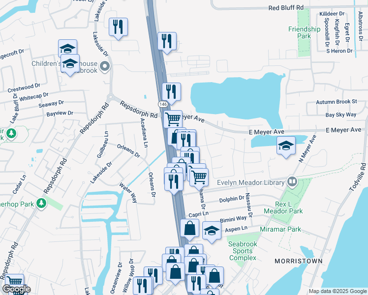 map of restaurants, bars, coffee shops, grocery stores, and more near 2433 Miramar Court in Seabrook