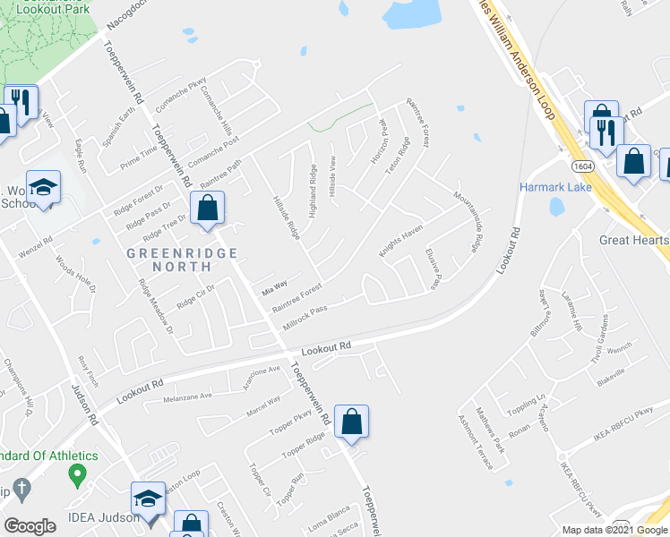 map of restaurants, bars, coffee shops, grocery stores, and more near 6831 Raintree Forest in San Antonio