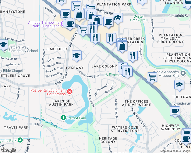 map of restaurants, bars, coffee shops, grocery stores, and more near 630 Lake Estate Court in Missouri City