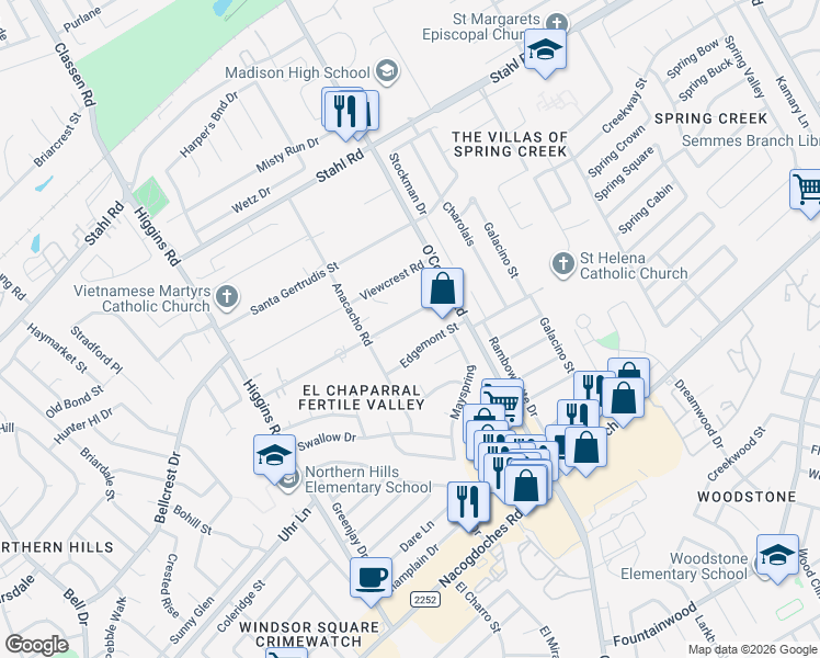 map of restaurants, bars, coffee shops, grocery stores, and more near 5031 Ayrshire Drive in San Antonio