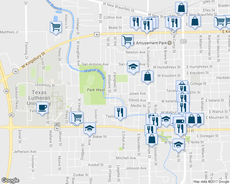 map of restaurants, bars, coffee shops, grocery stores, and more near 606 Campbell Street in Seguin