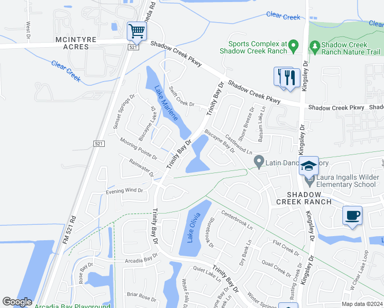 map of restaurants, bars, coffee shops, grocery stores, and more near 2101 Pearl Bay Court in Pearland