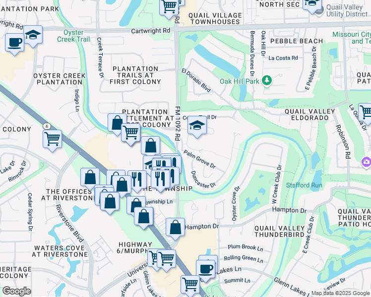 map of restaurants, bars, coffee shops, grocery stores, and more near 3654 Palm Grove Drive in Missouri City
