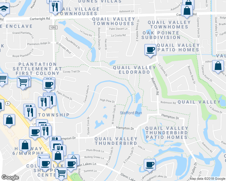 map of restaurants, bars, coffee shops, grocery stores, and more near 3115 Oyster Cove Drive in Missouri City