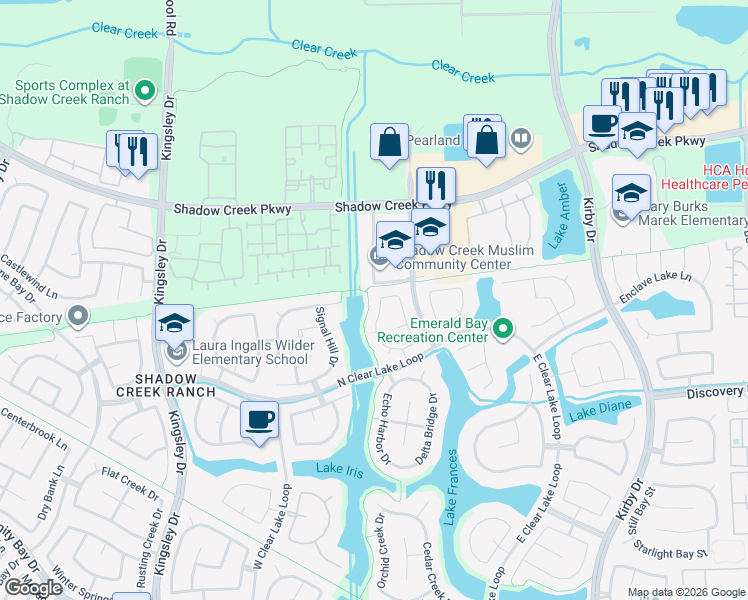 map of restaurants, bars, coffee shops, grocery stores, and more near 2102 Rushing Spring Drive in Pearland