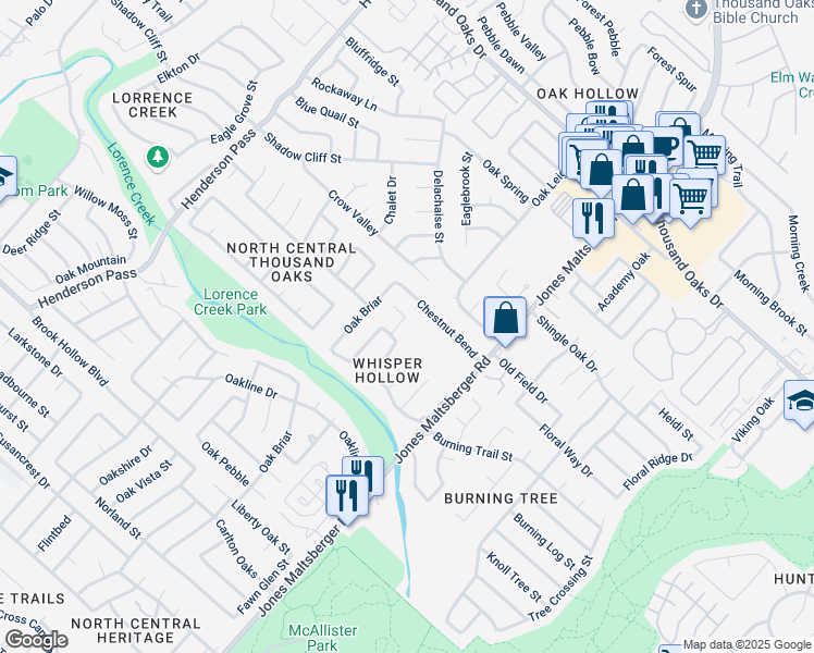 map of restaurants, bars, coffee shops, grocery stores, and more near 2515 Windchase in San Antonio