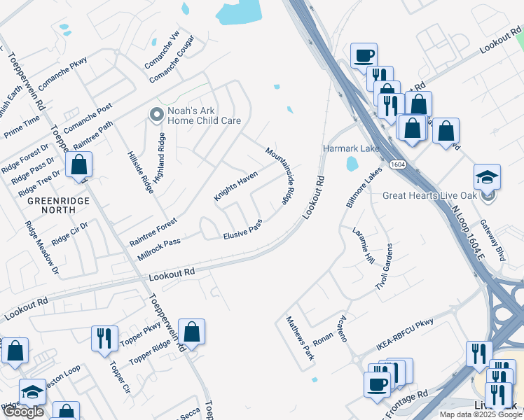map of restaurants, bars, coffee shops, grocery stores, and more near 14423 Raptor Peak in San Antonio
