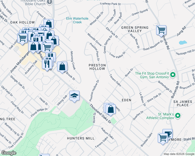 map of restaurants, bars, coffee shops, grocery stores, and more near 15018 Preston Court Drive in San Antonio