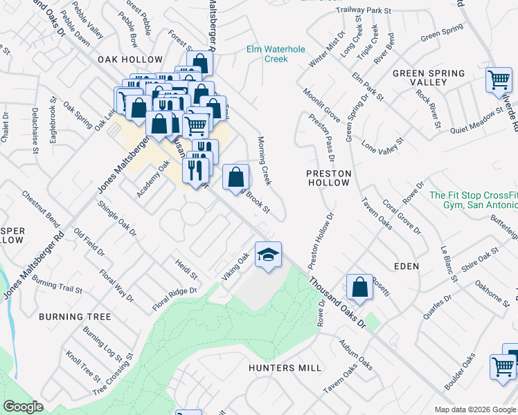 map of restaurants, bars, coffee shops, grocery stores, and more near 3314 Morning Brook Street in San Antonio