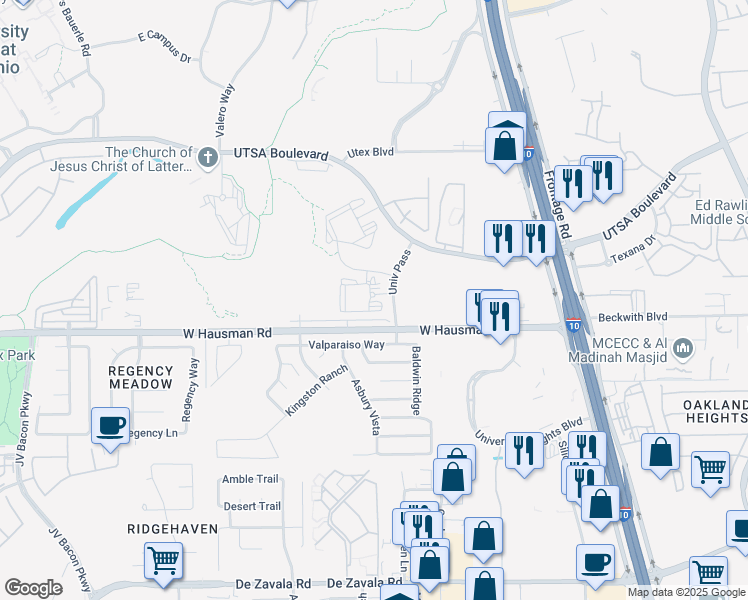 map of restaurants, bars, coffee shops, grocery stores, and more near 5865-5881 West Hausman Road in San Antonio