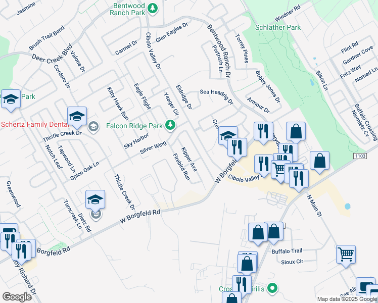 map of restaurants, bars, coffee shops, grocery stores, and more near 129 Kipper Avenue in Cibolo