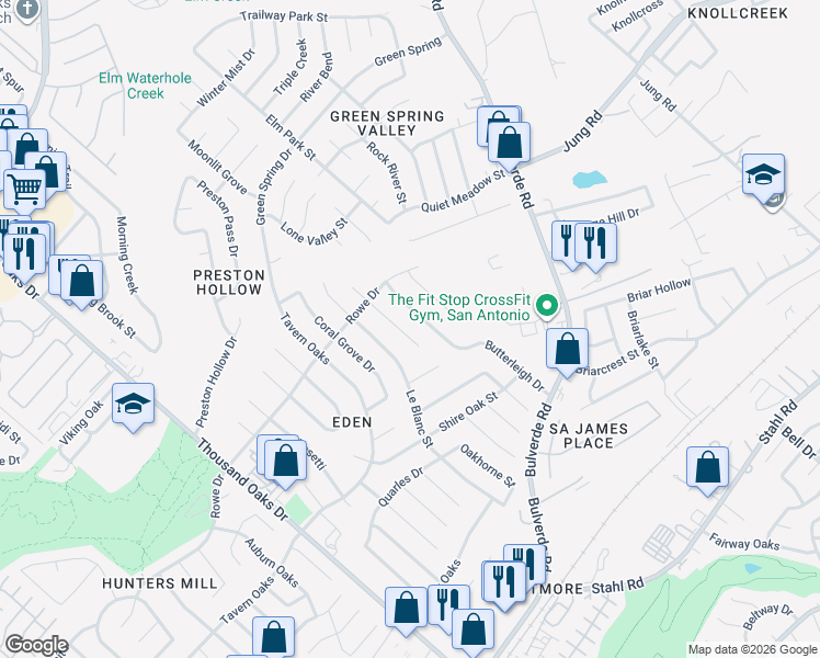 map of restaurants, bars, coffee shops, grocery stores, and more near 3334 Butterleigh in San Antonio