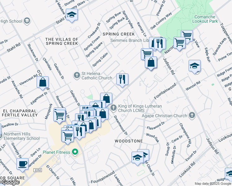 map of restaurants, bars, coffee shops, grocery stores, and more near 14595 Nacogdoches Road in San Antonio