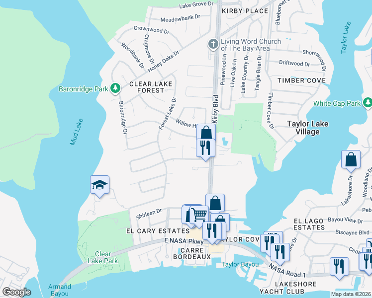 map of restaurants, bars, coffee shops, grocery stores, and more near 522 Lorie Lane in Seabrook