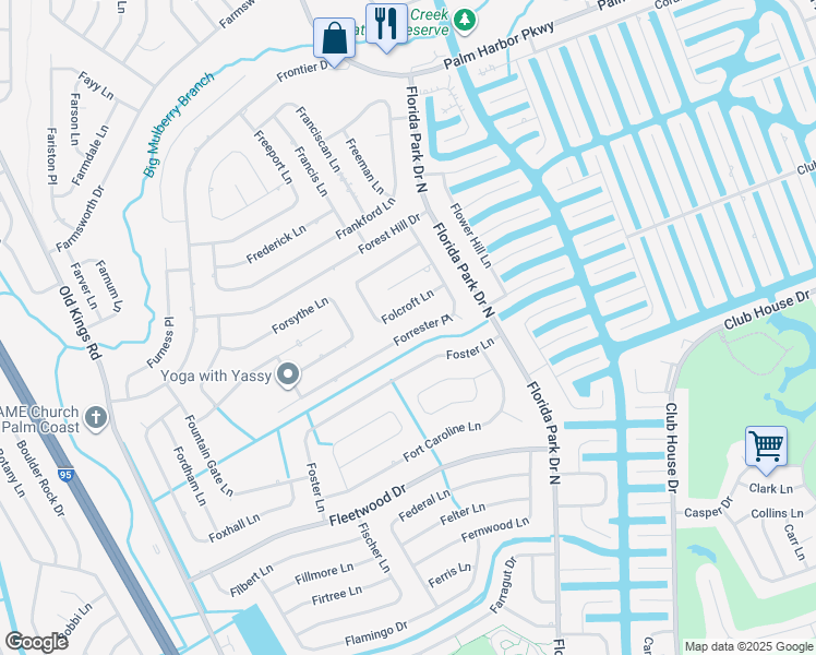 map of restaurants, bars, coffee shops, grocery stores, and more near 76 Forrester Place in Palm Coast