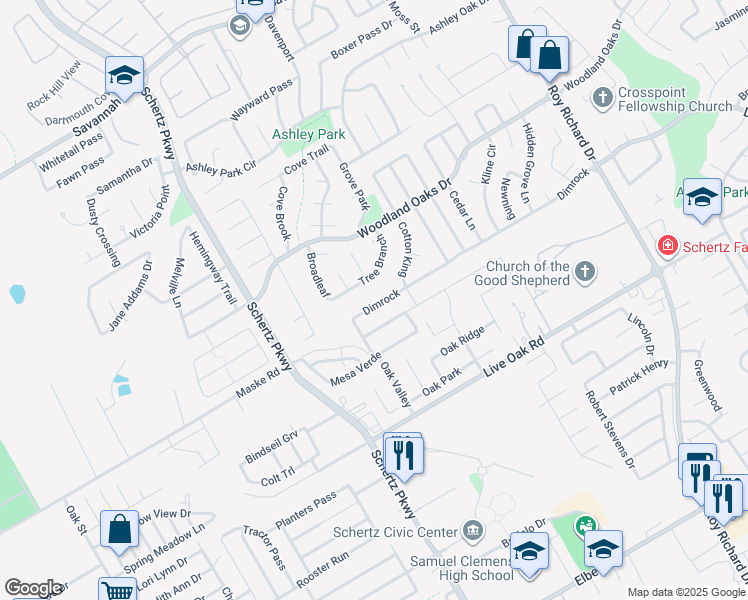 map of restaurants, bars, coffee shops, grocery stores, and more near 2396 Tree Branch in Schertz